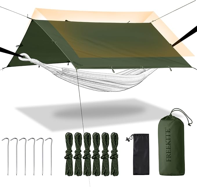 Camping Tarp Tent Portable Multifunctional Bushcraft Backpacking Tear-Resistant Fabric Rain Fly Tarps Awning Shelter Lightweight Waterproof Tarp(10×10 tarp)