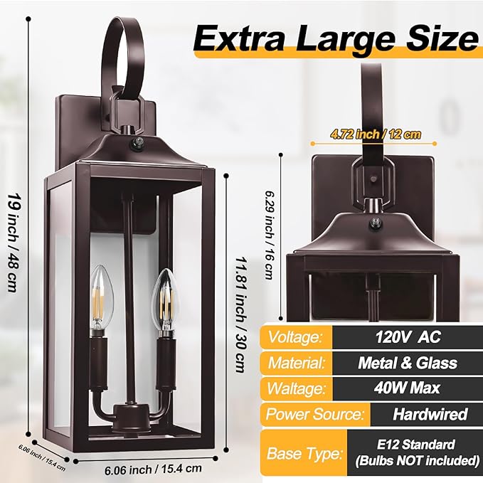 Oil Rubbed Bronze Dusk to Dawn Outdoor Wall Lighting 19 Large Outside Modern Wall Sconce Lantern Industrial Porch Light Wall Mount Waterproof Farmhouse Exterior Lamp 2-Light Brown 2 Pack