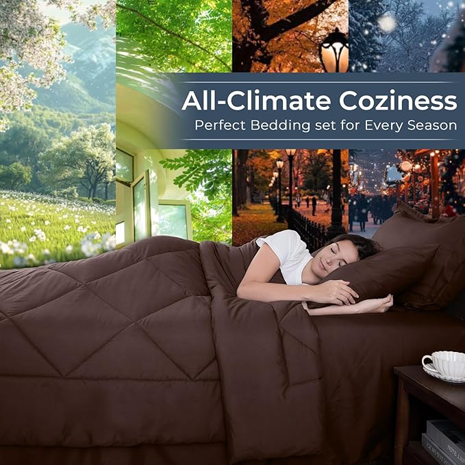HEVUMYI Brown Full Comforter Set - 7-Piece All Season Bed in a Bag Full Ultra Soft Bedding Set with Comforter Flat Sheet Fitted Sheet Pillowcases Pillow Shams