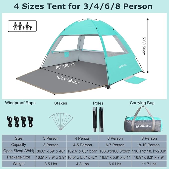 Venustas Beach Tent Sun Shelter for 3/4-5/6-7/8-10 Person UPF 50+ UV Protection Beach Canopy Lightweight and Easy Setup Cabana Portable Shade Tent