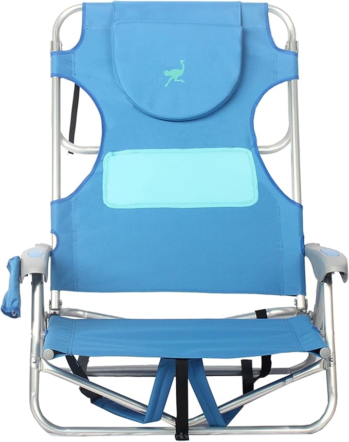 Ostrich 3N1 Lightweight Aluminum Frame 5-Position Reclining Beach Chair and Ladies Comfort On-Your-Back Outdoor Beach Chair with Backpack Strap Blue