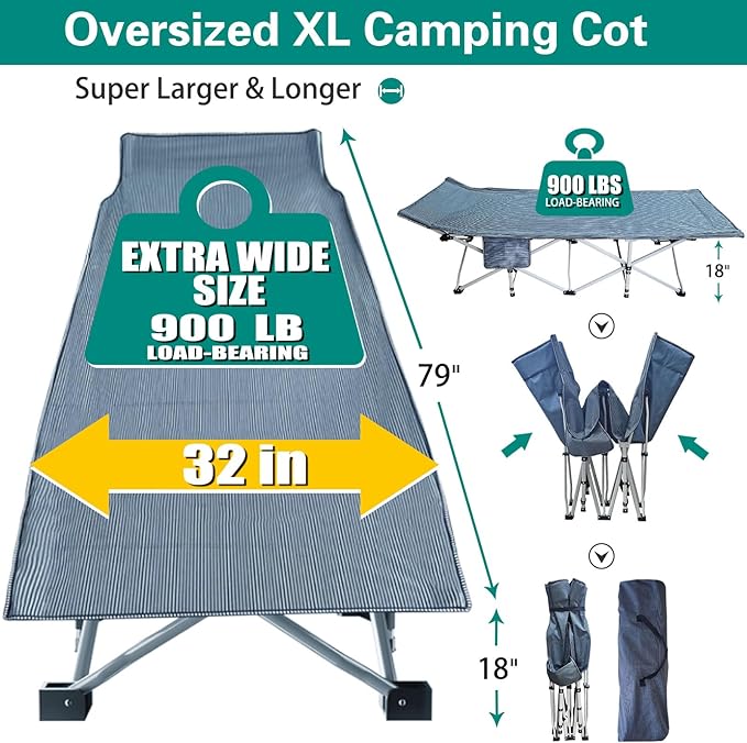 XXL Camping Cot with Mattress Oversize 32 Width Folding Cot Heavy Duty Comfortable Cots for Sleeping Guest Bed with Carry Bag Portable Easy to Set-up for Home Travel Outdoor 79 x 32 x 18