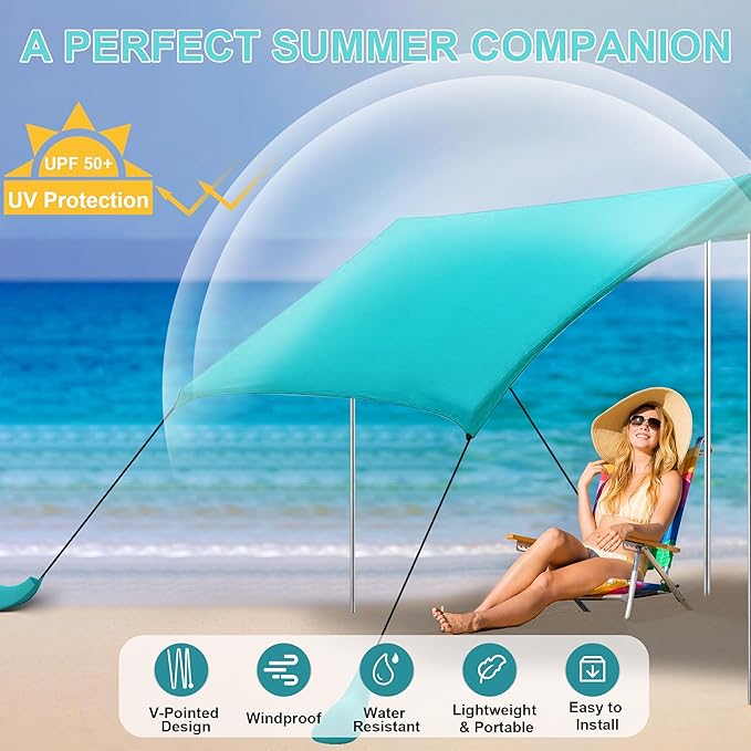 Beach Tent Sun Shelter UPF50+ with Sandbags Sand Shovel &amp Windproof Poles - Portable Pop Up Canopy for Beach Camping Picnics Backyard &amp Fishing (Cyan6.9x6.5FT)