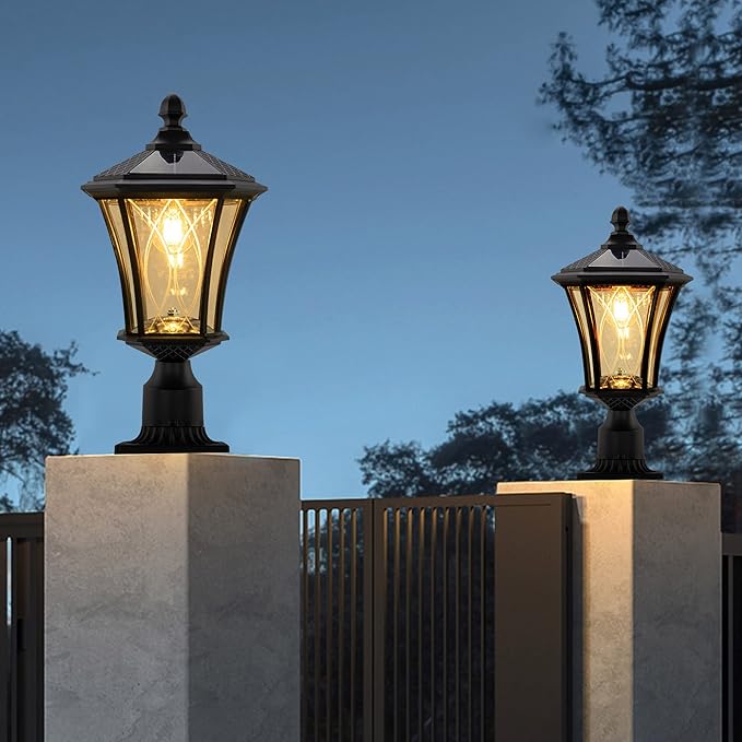 LUTEC Outdoor Solar Lamp Post Light with Pier Mount Base Dusk to Dawn Waterproof Pole Light Head with Patterned Glass Exterior Black Solar Powered Fence Post Light Fixtures for Outside