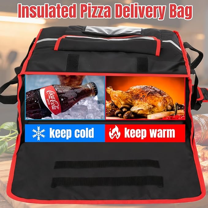 Insulated Pizza Delivery Bag 20''L x 20''W x 8''H Professional Thermal Pizza Warmer Bags Large Heavy Duty Pizza Carrier Hot Cold Food Delivery Bag for Delivery Bike Camping