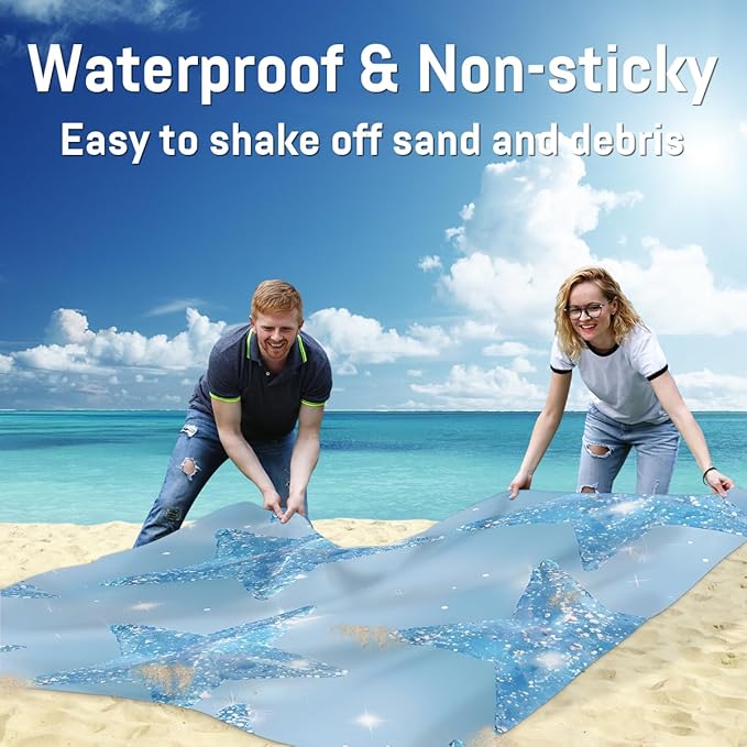 Waterproof Sandproof Beach Blanket 59''×68'' Five Pointed Star Polyester Outdoor Picnic Blanket with 4 Stakes &amp Storage Bag for BeachCampingVacation Ice Blue