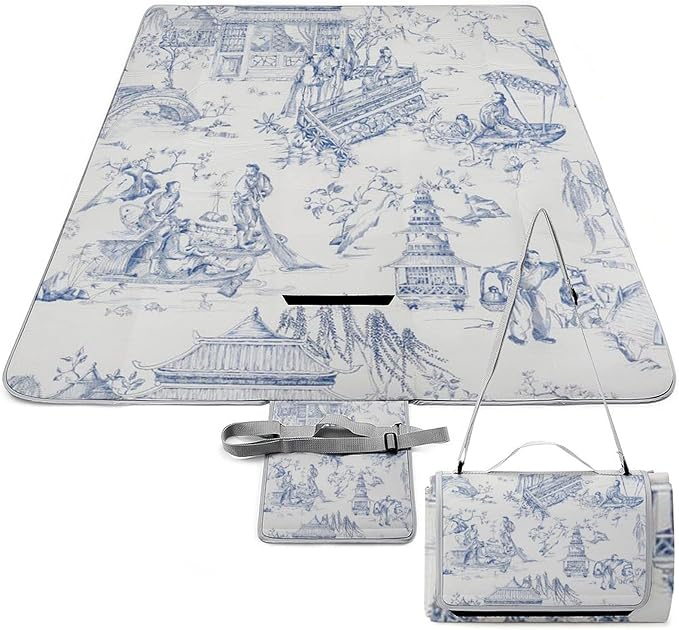 Blue and White Chinese Folk Chinoiserie Style Waterproof Outdoor Picnic Blanket Sandproof Beach Mat for Camping Hiking Grass Travelling