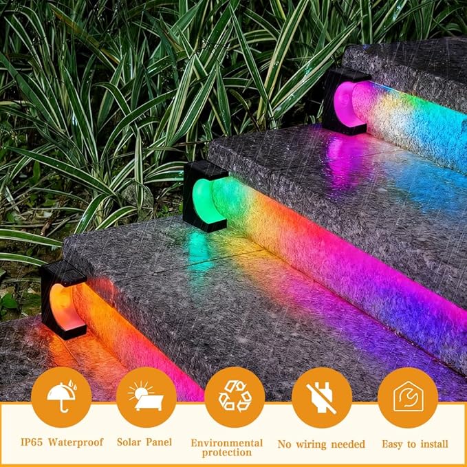 Solar Step Lights Stair Lights Outdoor Waterproof LED Step for Outside Outdoor Solar Powered Step Lighting for Patio Decor Deck Porch Front Door Walkway (RGB Color Changing 4 Pack)