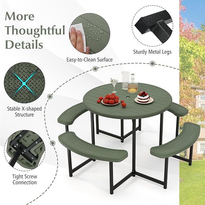 Giantex Picnic Table Bench Set for 4-8 Person Round 37” Outdoor Dining Table w/Umbrella Hole HDPE Tabletop Metal Frame Patio Furniture Set for Backyard Porch Lawn 1400lb Capacity (GreenRound)