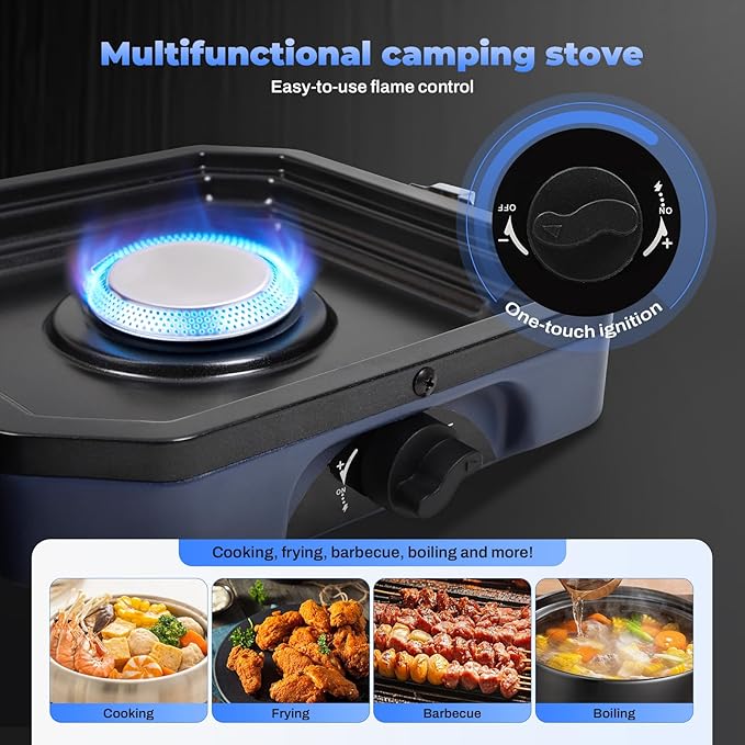 Propane Double Burner Two Burner Camp Stove 16000 BTU Portable Folding Gas Stove for Camping With grill grill pan and carry bag For camping home backyard canning frying turkey (Blue)