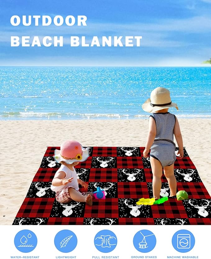 Beach Blanket Waterproof Sandproof OversizedChristmas Animal Elk Winter Snowflake Beach Mat with Corner Stakes Sand PocketsRed Buffalo Plaid White Shadow Outdoor Picnic Mat for Travel 95x80In