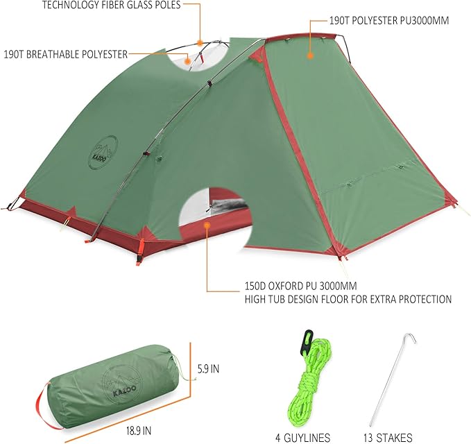 KAZOO 2／4 Person Camping Tent Outdoor Waterproof Family Large Tents 2/4 People Easy Setup Tent with Porch Double Layer | Outdoor Waterproof Family Large Tents Easy Setup
