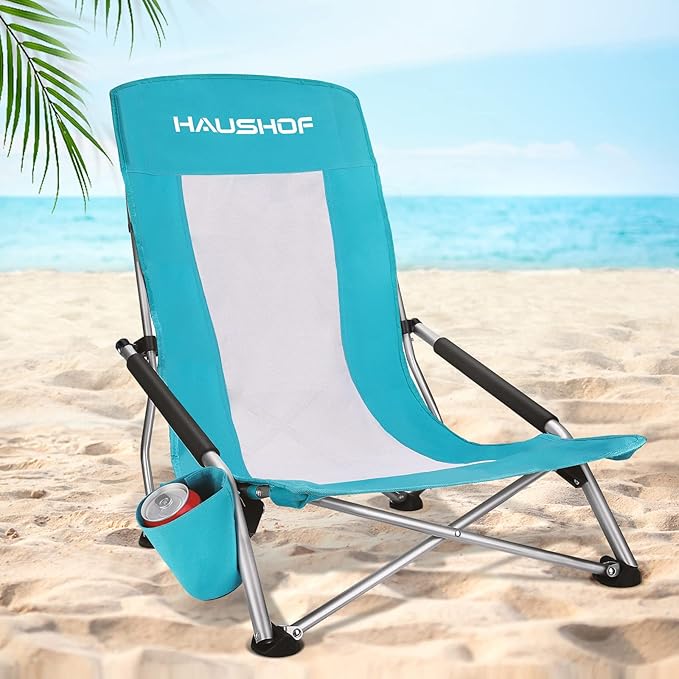 HAUSHOF High Back Beach Chair Mesh Back Folding Chair Lightweight Low Seat Camping Chairs with Cup Holder Carry Bag Padded Armrest for Outdoor Beach Lawn Camping Picnic Festival