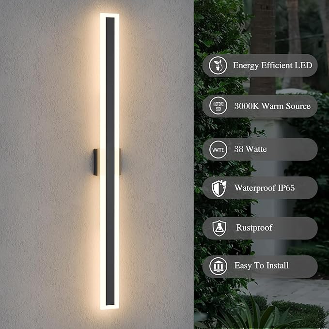 LamQee 47.2 Inch Long Outdoor Wall Lights Modern Exterior Lighting Fixtures for House Waterproof 3000K 38W 1900LM LED Linear Outdoor Wall Sconces Lighting for Porch Patio Garage Door Yard Indoor