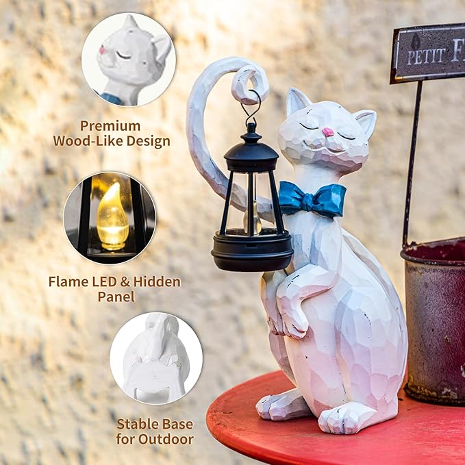 WHIMSYNOOK 10.7 White Cat Solar Garden Light Statue – Outdoor Garden &amp Yard Decor LED Lantern Gift for Cat Lovers