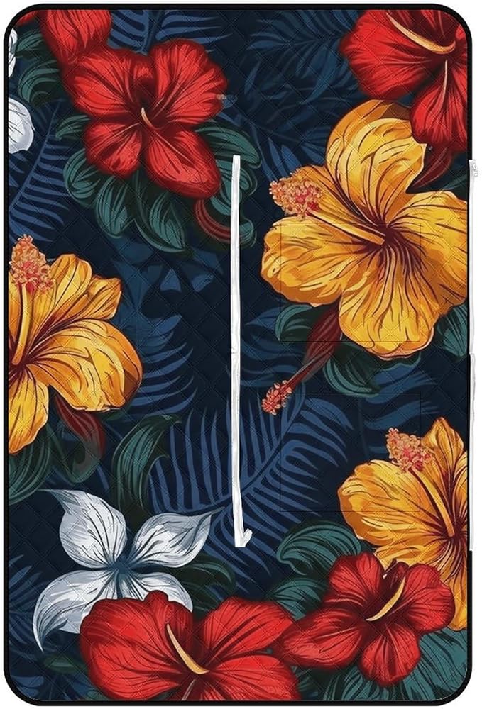 Zipper Realistic Hawaiian Flowers Style Picnic Mat Suitable for Travel Camping Park Or Home Use