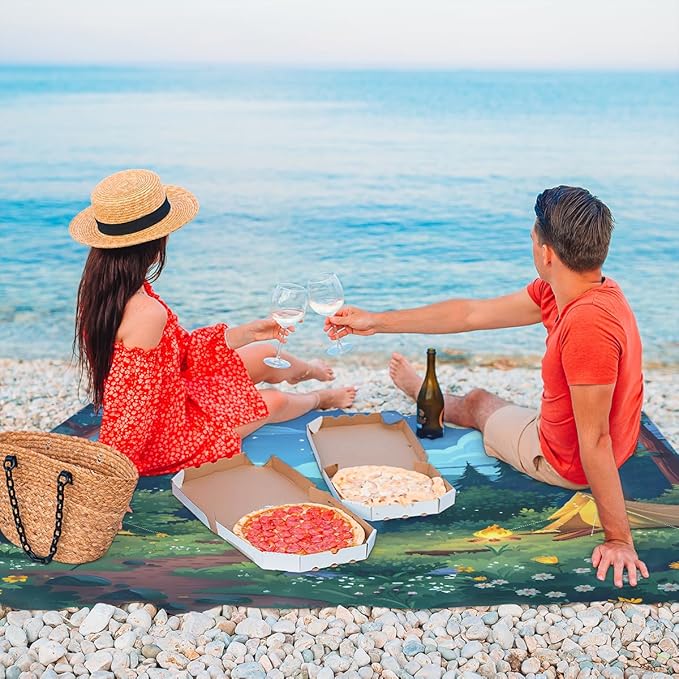 Waterproof Sandproof Beach Blanket 59''×68'' Scenery Camping Polyester Outdoor Picnic Blanket with 4 Stakes &amp Storage Bag for BeachCampingVacation Green