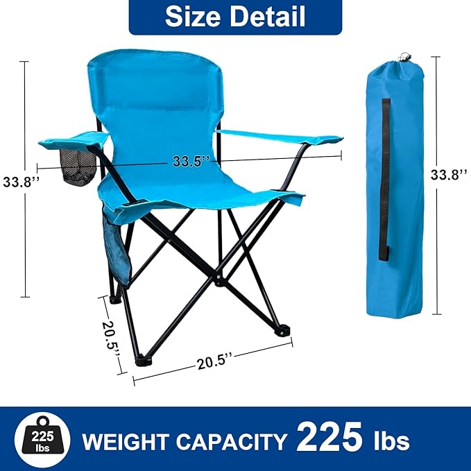 2PCS Folding Camping Collapsible Chairs Heavy Duty Lawn Chair with Cooler Bag Storage Pocket Waterproof Bag Outdoor Arm Chair Supports 225LBS Blue