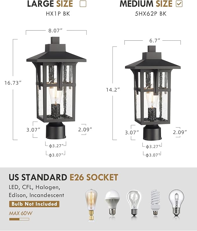 Outdoor Post Light Fixtures HWH Exterior Pillar Light 2 Pack Industrial Pole Lamp in Matte Black Finish with Seeded Glass 5HX62P-2PK BK