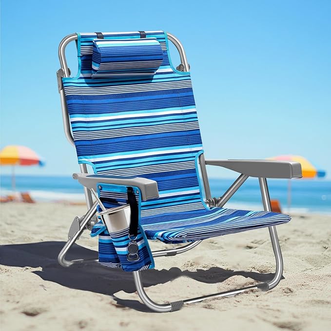 PASAMIC Backpack Beach Chair for Adults Portable Lay Flat Reclining Beach Chair with 5 Positions Tall Heavy Duty Folding Chairs with Cup Holder Cooler Pouch Storage Pouch Towel Bar Blue Stripe