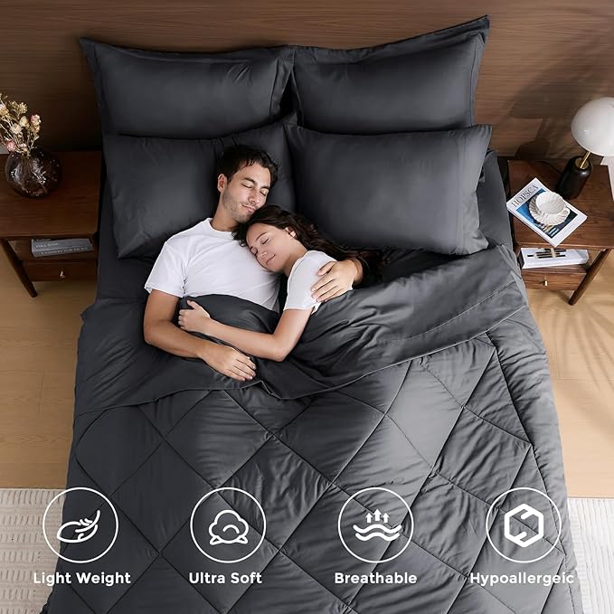 HEVUMYI 120x98 Oversized King Comforter Set Dark Grey- 7-Piece All Season Bed in a Bag Oversized King Soft Bedding Set with Comforter Flat Sheet Deep Pocket Fitted Sheet Pillowcases Pillow Shams