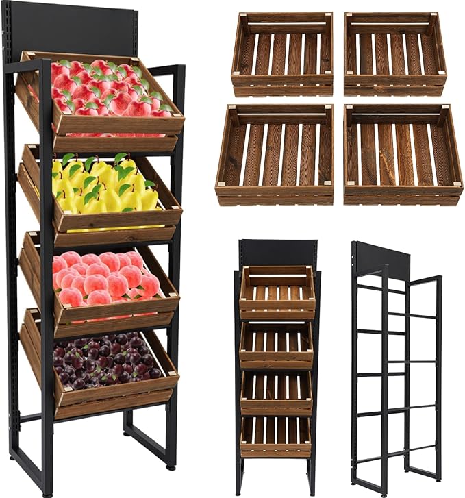 4-Tier Solid Wood Fruit and Vegetable Storage Rack Narrow Snack Rack Stand Farmers Market Stand for Kitchen Store Supermarket