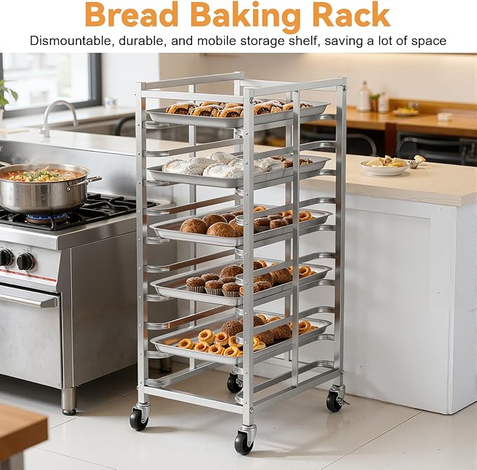 10 Tier Bakers Rack with Wheels Pan Rack Stainless Steel Baking Sheet Pan Cart for Half &amp Full Size Commercial Speed Rack with Brake Casters for Kitchen Bakery Restaurant (10)