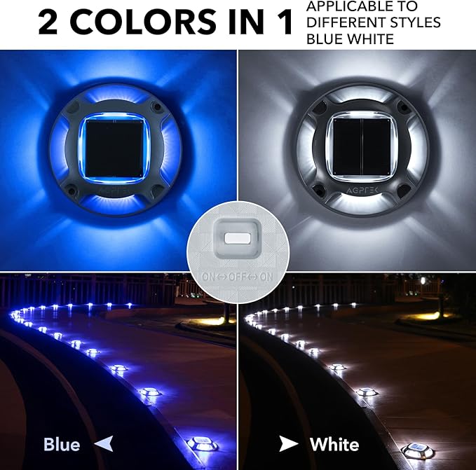AGPTEK Solar Driveway Lights Outdoor 4 Pack 2 Color Modes LED Deck Dock Marine Waterproof Security Marker Lights for Step Sidewalk Stair Garden Pathway Walkway Yard(Blue Light/Cool White)