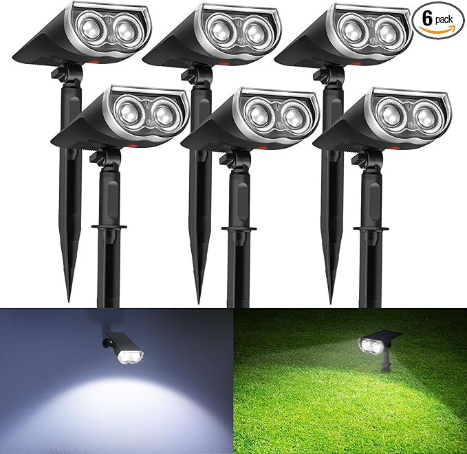 Consciot Solar Spotlights Outdoor Daylight IP67 Waterproof 2-in-1 Solar Spot Lights Durable Christmas Decorations Lights for Garden Yard Pathway Driveway Porch Walkway Auto On/Off 6 Pack
