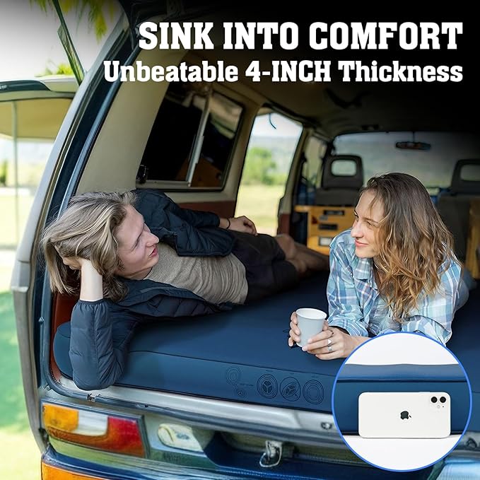 Hikenture 4 INCH Thick Self Inflating Sleeping Pad 9.5 R Value Comfort Plus Camping Mattress with Pump Sack Inflatable Foam Insulated Camping Pad Camping Mat 4-Season (Light Blue Double (80×52))