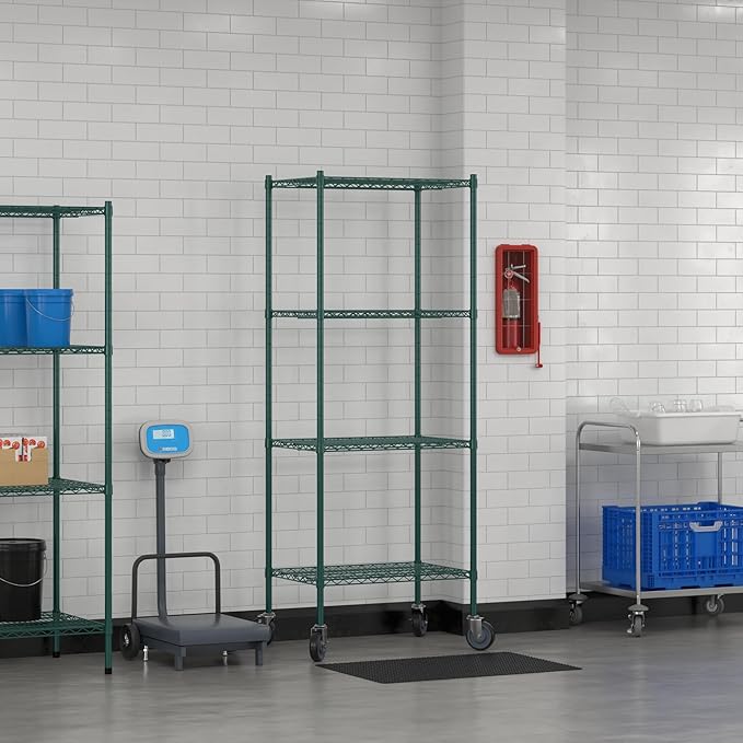 Commercial NSF Listed Green Epoxy Mobile Wire Shelving Kit 21 x 30 x 80 with 4 Shelves Perfect for Warehouse Walk-in Refrigerator Freezer Grocery Store Restaurant Dishroom