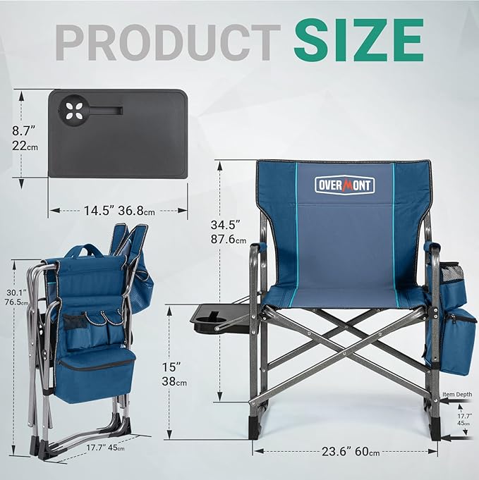 Overmont Oversized Lightweight Camping Chair - Portable Comfortable Heavy Duty Foldable Directors Chairs with Side Table &amp Cooler Bag for Outside Camp Beach Picnic Lawn and Fishing Supports 400lbs