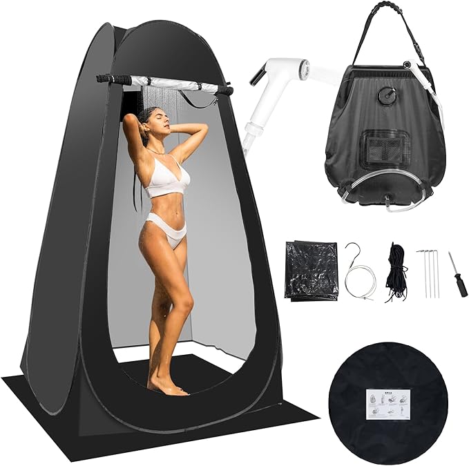 Portable Camping Privacy Tent Outdoor Shower Tent Kit with 5 Gallon Shower Bag-(Nozzle Upgraded)