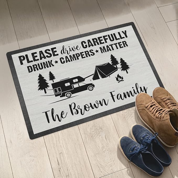 Personalized Please Drive Carefully Drunk Campers Matter Doormat Camping - Custom Family Name Door Mat RV Accessories for Inside Outside Funny Campsite Decorations Travel Trailers 16x24 inches