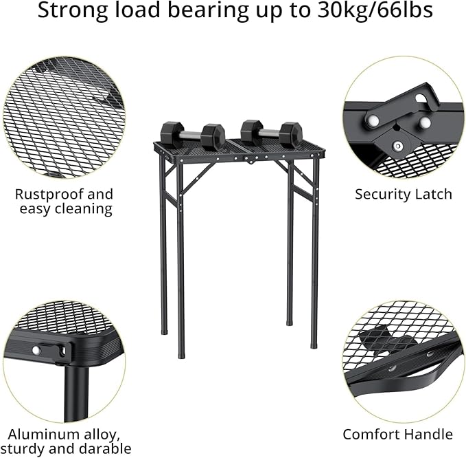 Anbte 2ft Folding Grill Table Max 29.5 3 Adjustable Height Lightweight Camping Table with Heat-Resistant Mesh Tabletop Portable Handle Waterproof for Cooking BBQ Outdoor 22.8 X 16 Black