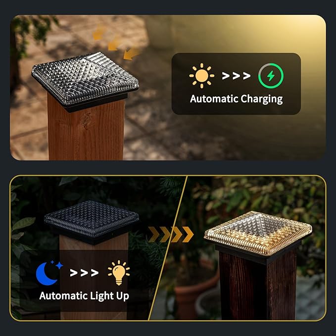 Glass Solar Post Cap Lights with Crystal Style - Decorative Deck Fence Lights for 4x4 5x5 Posts Hidden Solar Panel Modular Design 10Hr Runtime IP65 Warm White Black 2 Pack