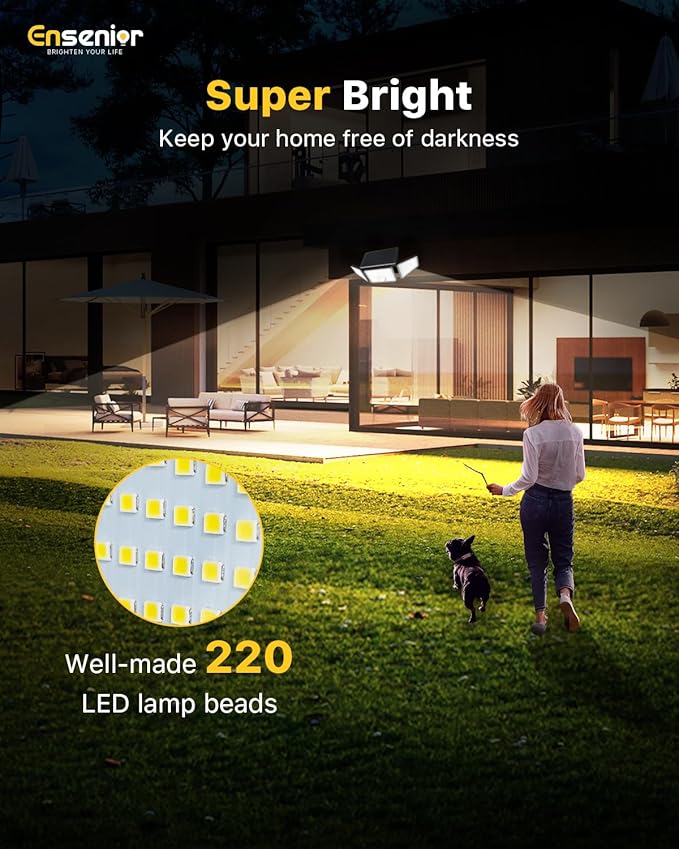 Ensenior Solar Lights Outdoor Motion Sensor 2600LM 220 LED High Brightness 3 Head 270° Wide Angle Flood Lights Remote Control Security Lights 4 Modes IP65 Waterproof Wireless Wall Light 3 Pack