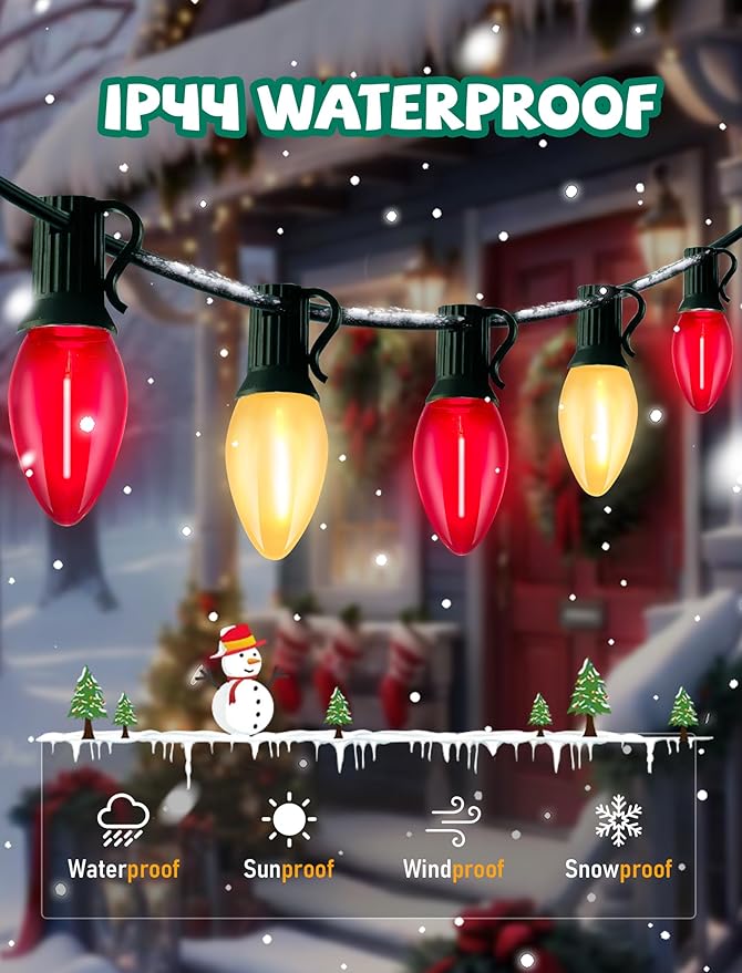 C7 LED Christmas Lights 25Ft Vintage C7 Christmas Lights with 27 LED Clear Red Frosted White Bulbs Hanging Connectable Xmas String Lights for Patio Garden Holiday Home Xmas Decor