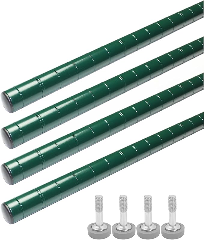 TrueCraftware- 8” Green Epoxy Wire Shelving Posts with Leveling Foot Set of 4- Commercial Shelves Wall Mounted Metal Shelving for Restaurant Bar Utility Room Kitchen and Garage