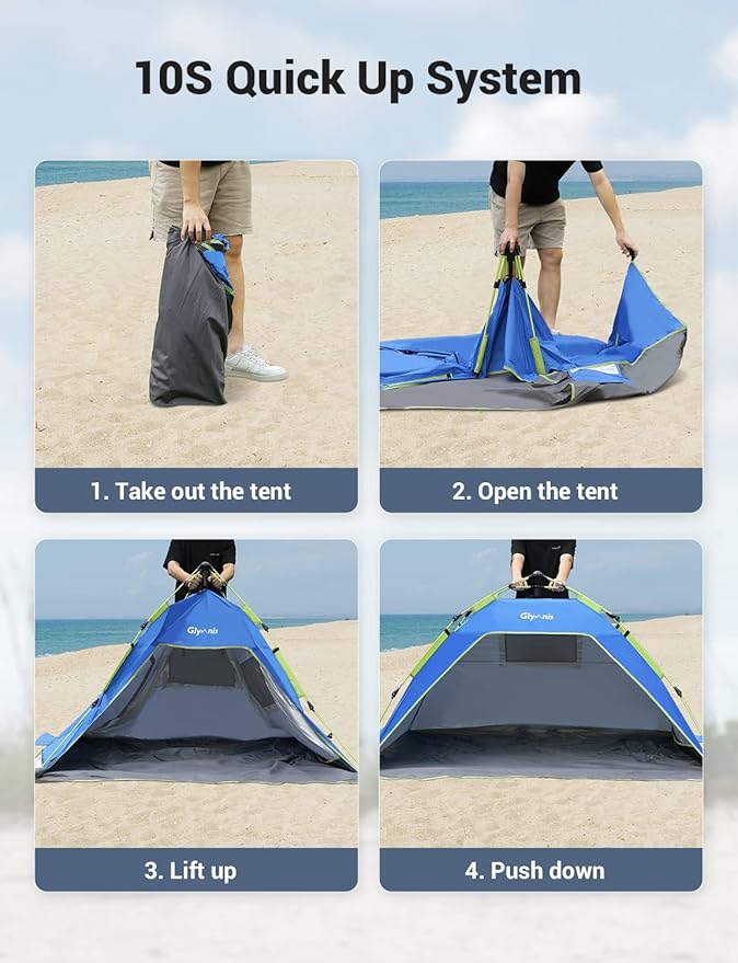 Glymnis Pop Up Beach Tent Sun Shade Shelter for 3-4 Person with UPF 50+ Lightweight &amp Easy Setup Vent Windows &amp Zippered Door Extended Floor Family Instant Beach Tent