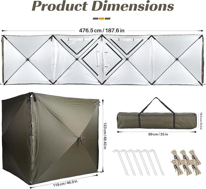 16FT Camping Wind Blocker 4 Panels Beach Privacy Screen Wind Screen Shade Wall with Mesh Window Poles Ground Nails Included for Camping Beach Garden (Green)