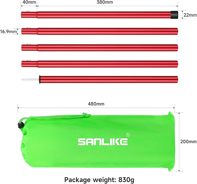 Tent Poles SAN LIKE Aluminium Telescoping Adjustable Red Tarp Poles with Portable Bags Heavy Duty Camping Tent Poles for Awnings Canopy Rain Fly Shelter Set of 2-(5 Sections with Adjustable Length)