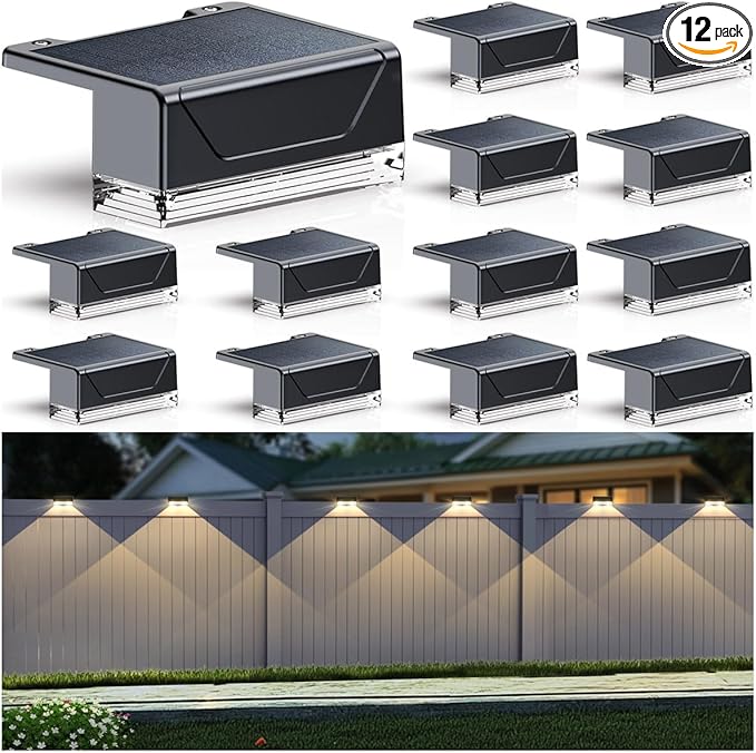 Solar Fence Lights Outdoor - 3000/4000/6000K 3 Mode IP65 Waterproof Fence Lights Solar Powered Dusk to Dawn Solar Light for Outside Backyard/Step/Patio/Deck/Stair Railings and Wall (12 pack)