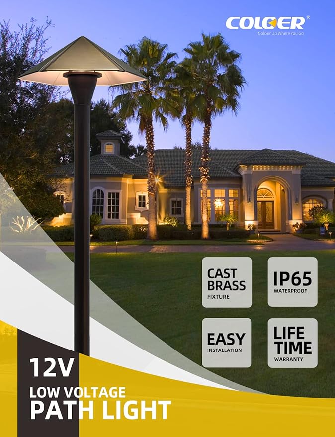 COLOER 12V Brass Outdoor Low Voltage Garden Path Lights for Outside(Bronze23.2 Tall 7.9 Shade) with 2W 2700K G4 LED Bulb(605B)