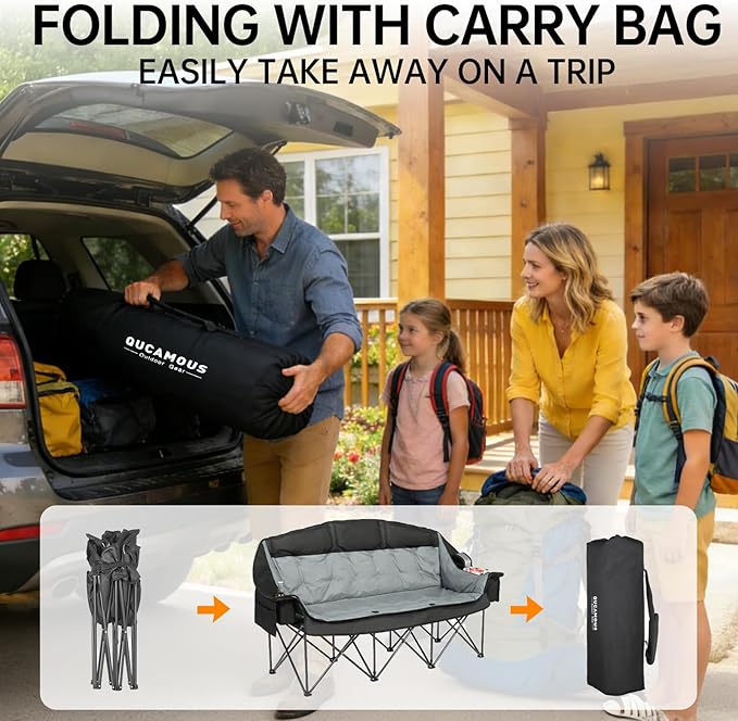 3 Person Camping Chair for Adults Folding Double Camping Chair Oversized Heavy Duty Camping Loveseat with Cup Holders &amp Carry Bag Portable Outdoor Lawn Chair for Camping Beach Backyard Black &a