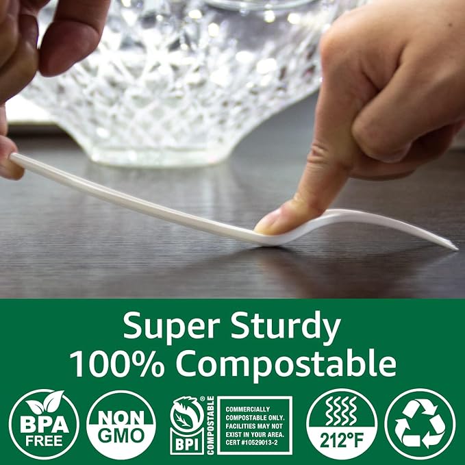 100% Compostable No Plastic Knives Forks Spoons Utensils The Heavyweight Heavy Duty Flatware is Eco Friendly Products for Lounge Party Wedding BBQ Picnic Camping.