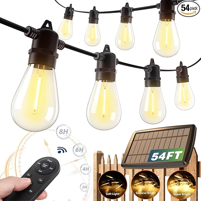 addlon 54FT Solar String Lights Outdoor Waterproof with USB Charging &amp Remote Control - Dimmable Solar Power Patio Lights with 26 LED Bulbs for Porch Garden Yard Market Bistro - Lasts 20+ Hrs