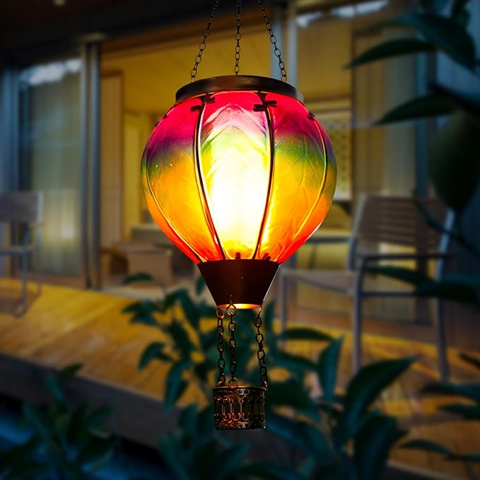 Solar Hot Air Balloon Lantern with Flame Hanging Glass Hot Air Balloon Solar Lantern Waterproof Decorative Outdoor Hot Air Balloon Solar Light for Outside Garden Patio (Purple Gradient)