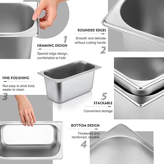 10 Pack Hotel Pans Stainless Steel Steam Table Pan 1/3 Size 0.8 mm Thick Anti Jam Warming Pans for Food Warmer Restaurant Catering Supplies 12.8 x 6.9 Inch(6 Inch DeepStandard)