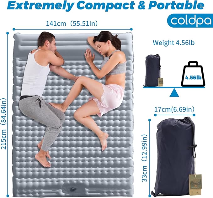 Double Camping Air Mattress with Built-in Foot Pump for 2 Person Heavy Duty Waterproof Inflatable Sleeping Pad for Backpacking Hiking Tent Upgraded 84.6 x 51.5 x 8 (Grey)